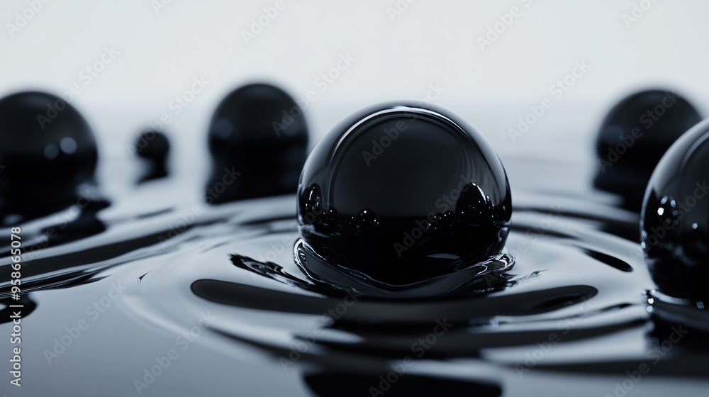 Poster close-up of shiny black spheres on a reflective liquid surface, creating a modern and abstract visua