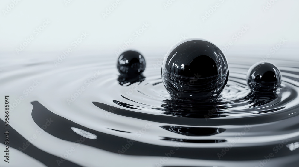 Poster a serene close-up of three glossy black spheres floating on a calm, ripple-filled water surface crea