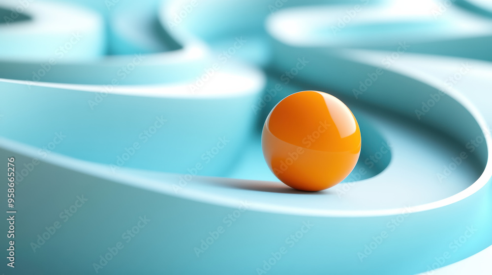 Poster an orange sphere rests on a light blue, wavy surface, using contrasting colors and abstract shapes t