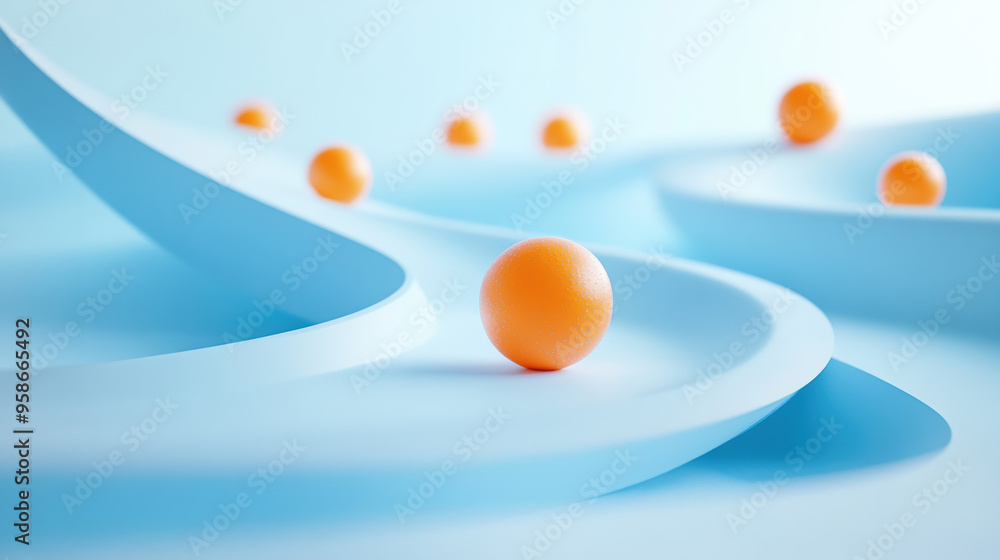 Poster abstract minimalist composition with orange spheres on curving blue paths, creating a visually inter