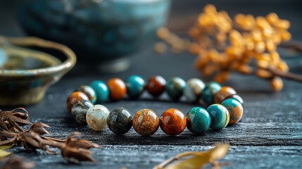 Colorful Gemstone Bracelet on Dark Wooden Background.