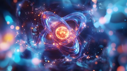 59. Futuristic artistic view of a central nutrient atom with radiant, swirling molecular structures