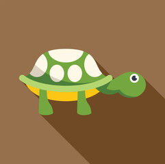 Green turtle walking icon in flat style with long shadow on brown background