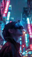 Obraz premium he cityscape is lit with soft neon lights. Created Using: cyberpunk themes, futuristic prosthetics, augmented reality technology, photorealistic textures, neon lighting, urban background, modern aesth