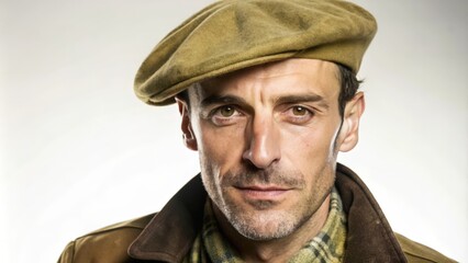 Fototapeta premium Close-up Portrait of a Man Wearing a Brown Cap and Jacket
