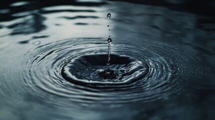 Water drop falling into a still pool, capturing the precise moment of impact and the resulting ripples in high detail