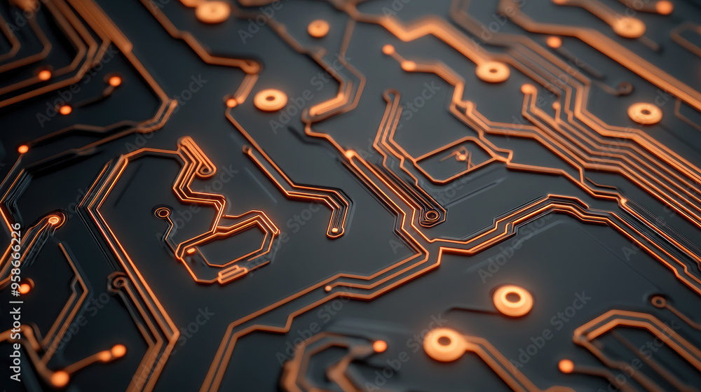Poster intricate circuit board design, a close-up view of a black circuit board illuminated with vibrant or