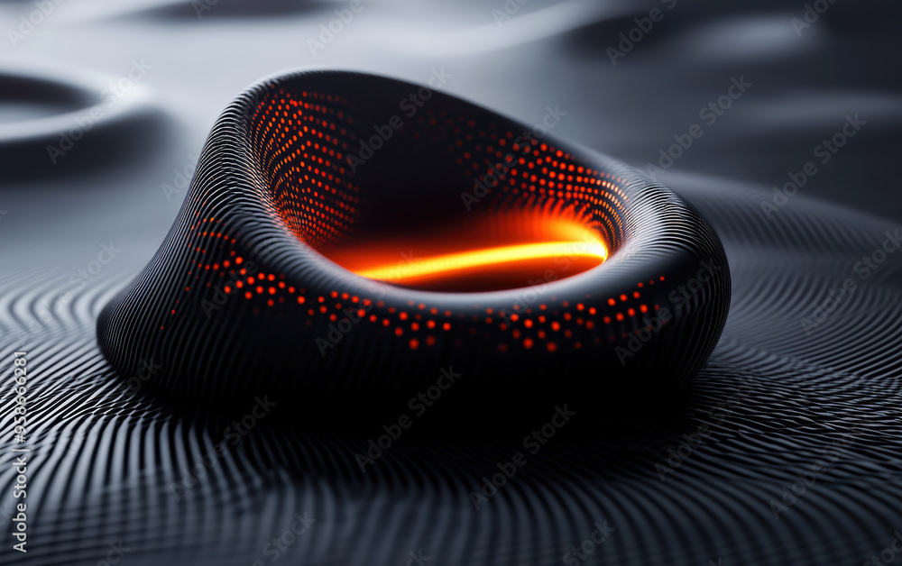 Poster abstract of a futuristic object with glowing orange core and intricate surface details on a wavy dar