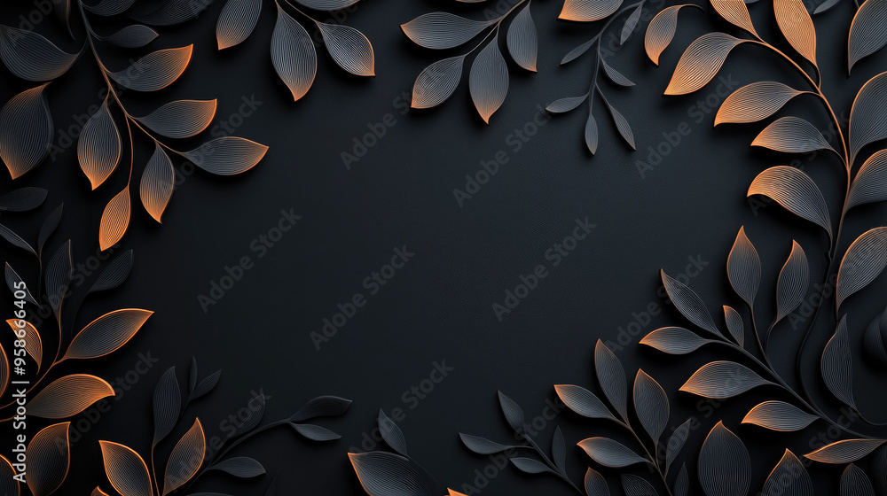 Poster elegant leaf patterns on a dark textured background, showcasing a modern design with a blend of blac