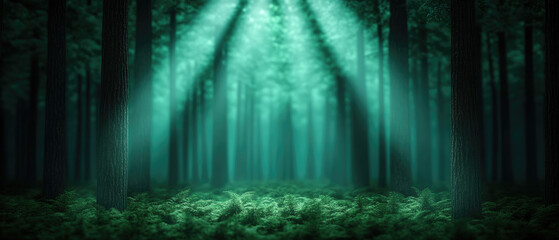 Obraz premium Mystical Forest Illumination, shafts of ethereal light penetrate the dense canopy, casting a serene glow over lush ferns and towering trees creating a tranquil atmosphere.