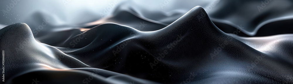 Poster abstract image of smooth black waves creating a surreal landscape with soft lighting that highlights