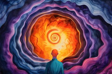 A lone figure stands before a swirling vortex of color, symbolizing the unknown depths of consciousness and the journey of self-discovery.