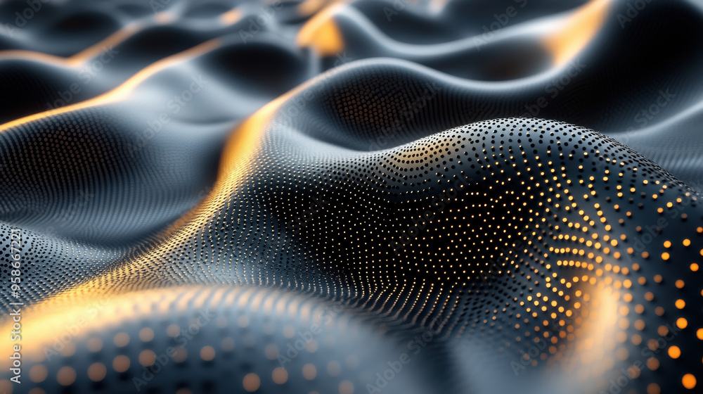 Poster abstract digital wave pattern with glowing orange dots against a dark background, showcasing dynamic