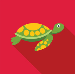 Green sea turtle swimming underwater with long shadow on a red background