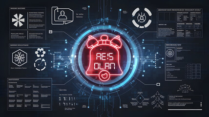 Crisis Management: A digital alarm bell surrounded by emergency procedures and plans, symbolizing crisis management strategies.