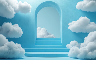 Whimsical blue scene with fluffy clouds and an arched doorway, evoking a dreamy and surreal atmosphere.