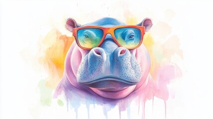 Fototapeta premium A hippo wearing sunglasses and a pink nose