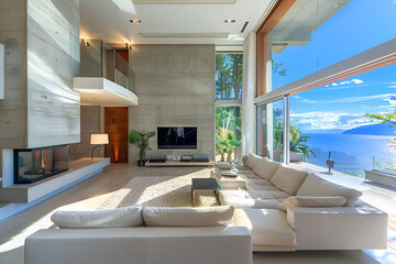 A spacious living room with a variety of furniture pieces, including sofas, chairs, tables, and a bright, expansive window, Tropical beach house with ocean view