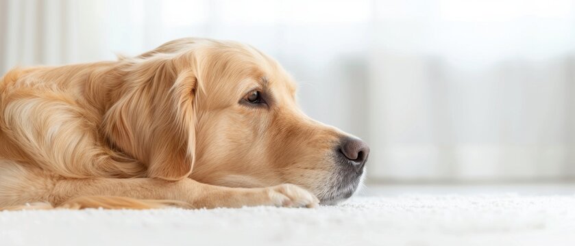 A dog is laying on the floor with its head down
