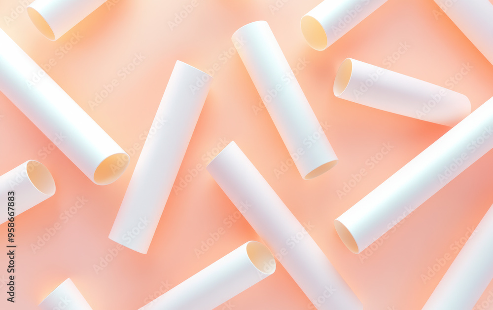 Poster abstract arrangement of white cylindrical objects on a soft peach background, showcasing minimalisti