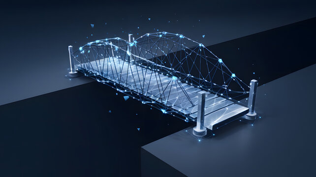Change Management: A digital bridge being constructed over a gap, symbolizing the transition and adaptation in organizational change management.