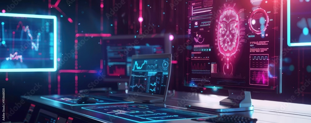 Aufkleber futuristic digital workspace with neon lights and advanced technology displays, ideal for tech and s