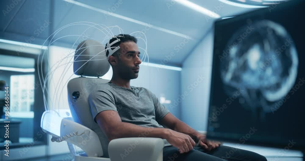 Poster in a high-tech laboratory portrait of male patient wearing headset for advanced brain scanning with 
