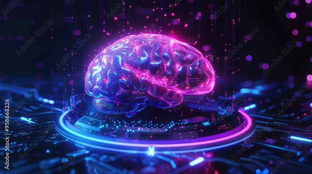 Poster a vibrant digital brain surrounded by colorful lights, representing advanced technology and artifici