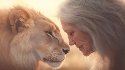 A woman is petting a lion