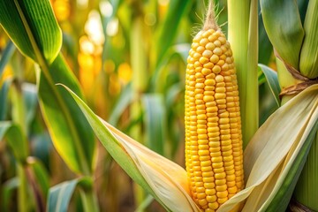 A medium shot of a stalk of corn with a single yellow kernel on top, yellow, countryside, mature, yellowish, healthy, rural, autumn, vibrant, grain, harvest, corn, kernel, crop, nutritious