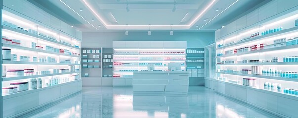 Fototapeta premium Bright and modern interior of a pharmacy showcasing various health products on shelves, promoting cleanliness and organization.