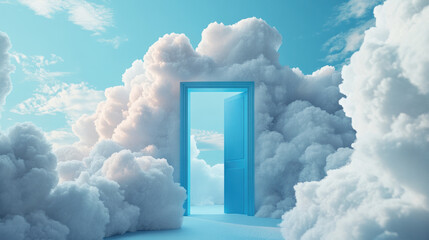 Open door in a cloud-filled sky symbolizes new opportunities and infinite possibilities, blending surrealism and tranquility in a whimsical, dreamy landscape.