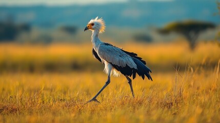 A Secretary Bird Walking through the Savannah at Sunset