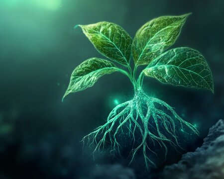 Advanced botanical illustration, medicinal plants, roots and leaves rendered in micro-detail, digital annotations, soft glowing edges, futuristic herbalism