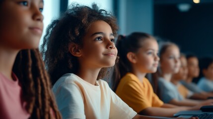 happy Back-to-School: Diverse Elementary Students Engage in Computer Class with Teacher. Abstract Marketing Visual Celebrating Cultural Inclusivity, Educational Freedom, and Seasonal Learning Excitem