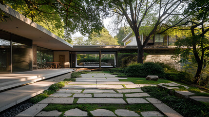 Naklejka premium Wooden House Harmony Fusion with Boulevard Beauty ,A large house with a pool and a garden ,The house is surrounded by trees and has a modern design