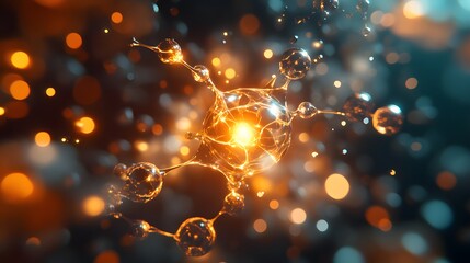 49. Futuristic depiction of a nutrient molecule with radiant, dynamic atomic interactions