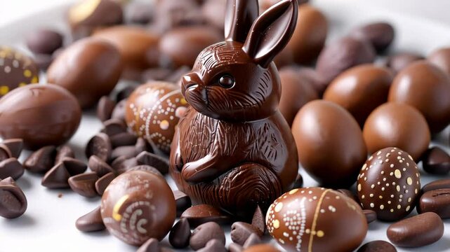 Delicious chocolate Easter bun surrounded by festive treats on a bright spring day