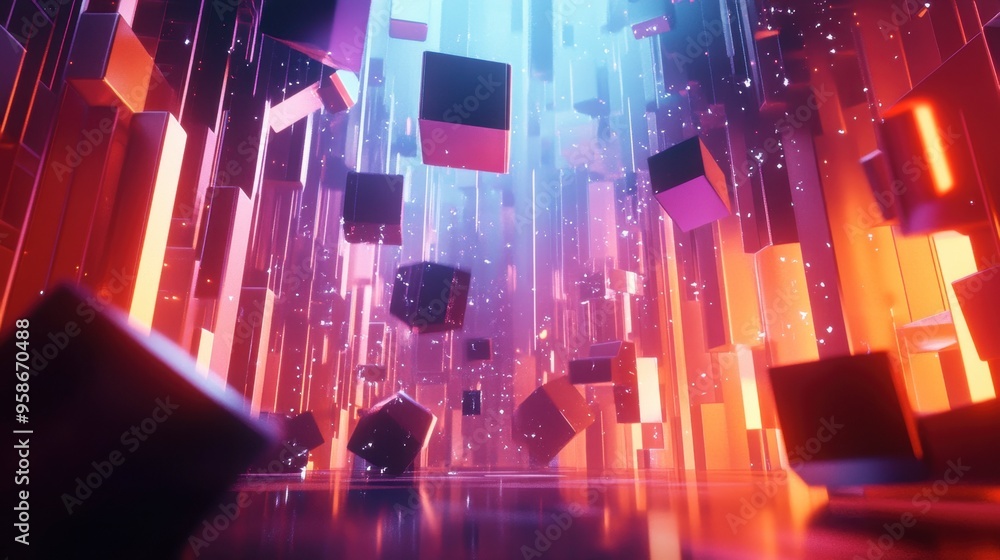 Poster a 3d abstract multicolor visualization with floating geometric shapes and glowing effects, creating 