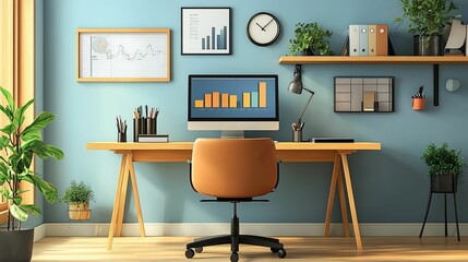 Modern Home Office Interior with Desk, Computer, and Plants