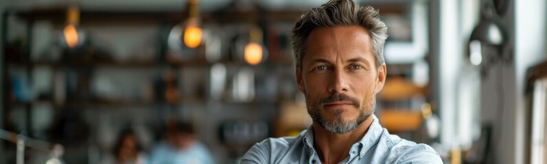 Obraz premium Man with a beard and a blue shirt, portrait, banner, copy space