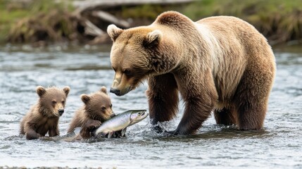 Obraz premium Mother Bear and Cubs Sharing a Salmon Catch