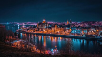 Obraz premium Nighttime Panorama of a City with a River