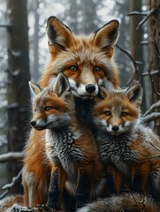Fototapeta premium beautiful image of a red fox with its two cubs standing closely together in a serene winter forest. The family bond and natural surroundings evoke a sense of warmth, care, and the wonders of wildlife
