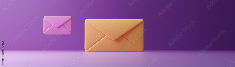 Poster two colorful envelopes floating against a vibrant purple background; a modern and minimalistic conce