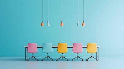 Bright and Colorful Meeting Space Featuring Modern Chairs and Stylish Lighting Elements. Business Analysis Concept