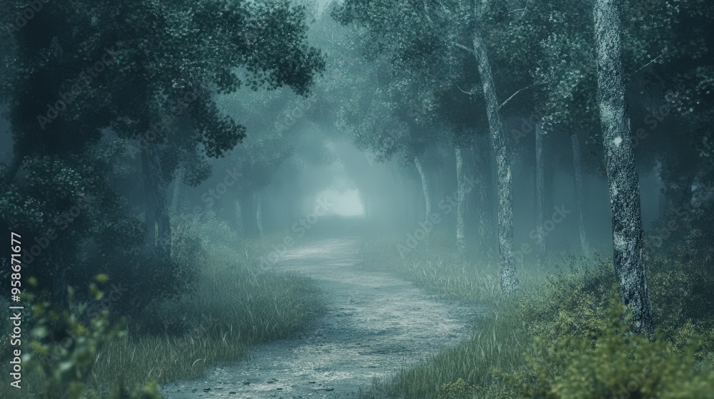 Aufkleber a winding path disappears into a foggy forest, where towering trees create a mystical atmosphere. th