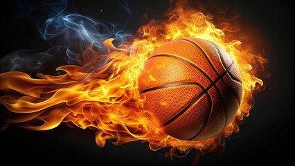 Fototapeta premium Basketball ball engulfed in fiery flames viewed from a dramatic low angle against a black background, ball, exciting, flames, black background, shooting, vivid,basketball, low angle