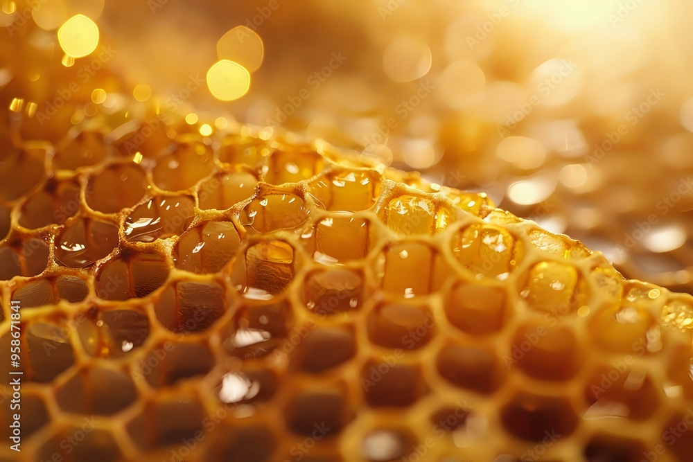 Poster a golden honeycomb illuminated with warm, glowing light, creating a mesmerizing bokeh effect. ideal 