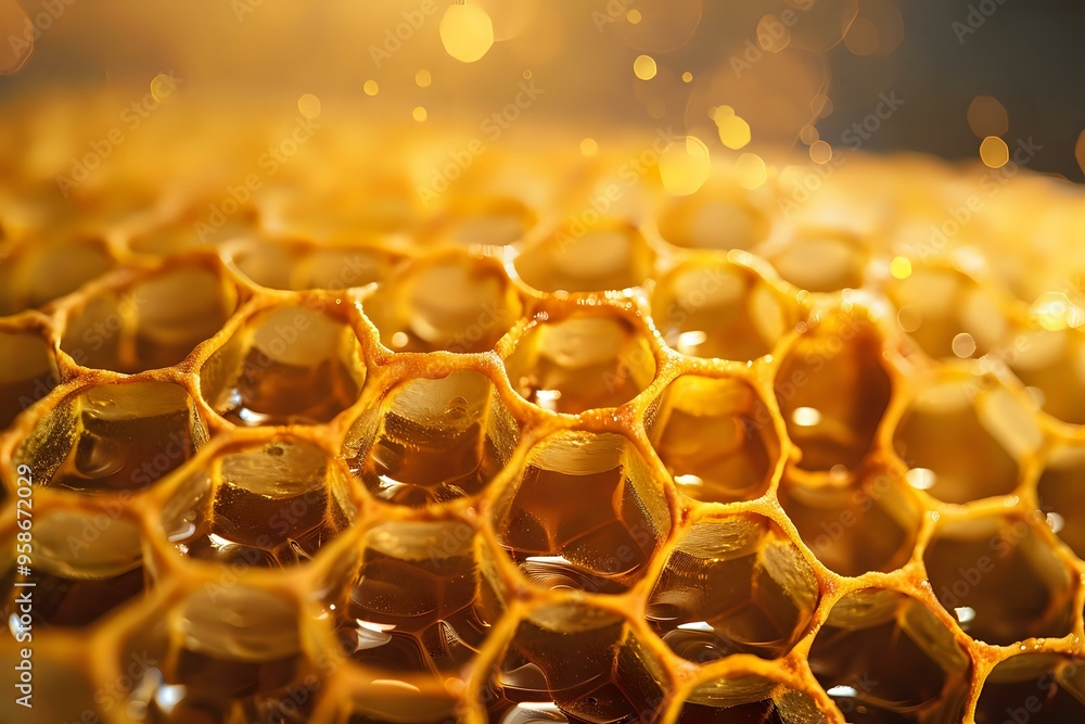 Poster a golden honeycomb illuminated with warm, glowing light, creating a mesmerizing bokeh effect. ideal 